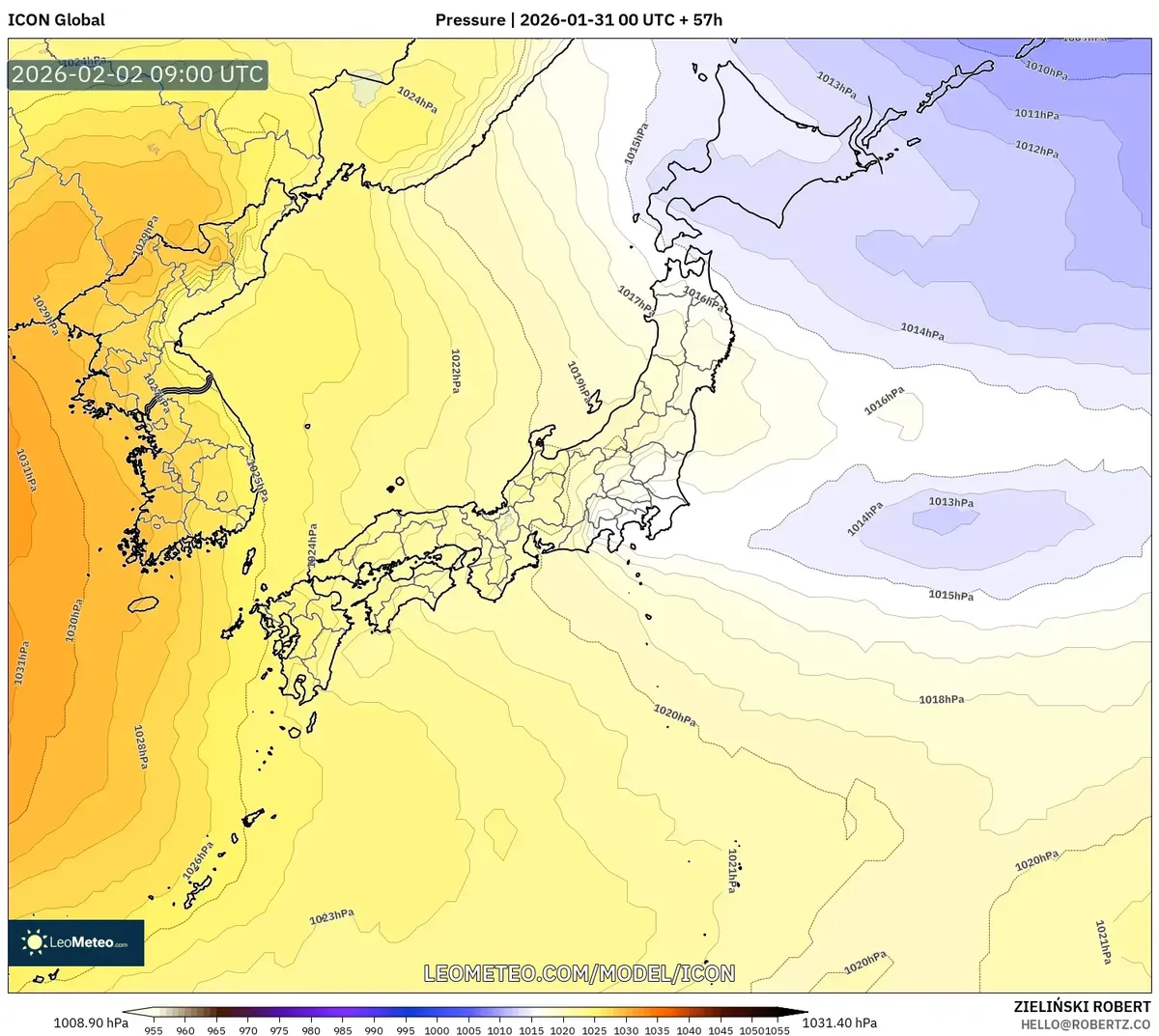 2月2日、地域に高気圧系が支配する