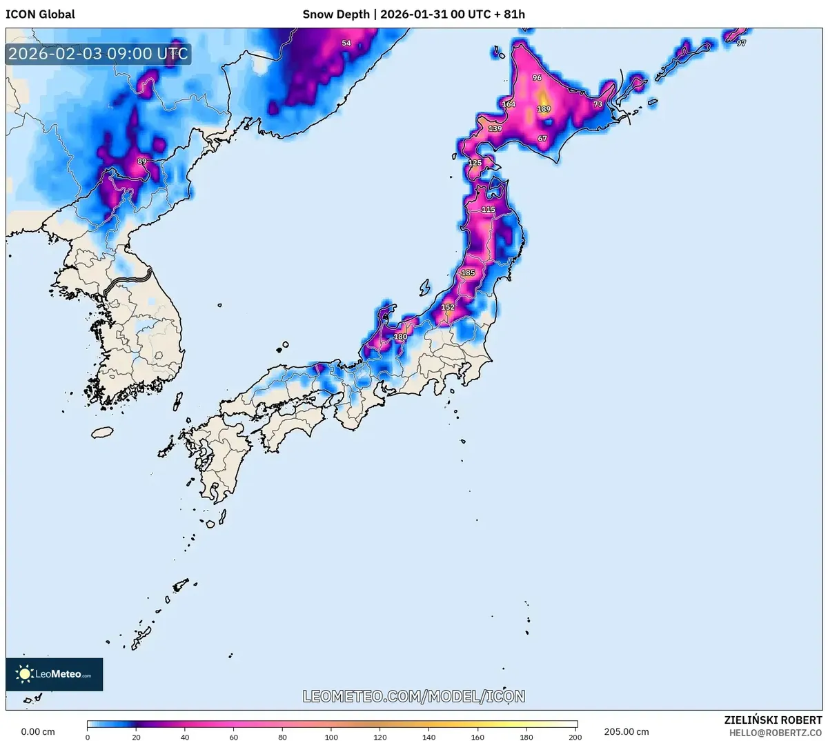 2月3日の中部日本における雪の蓄積量