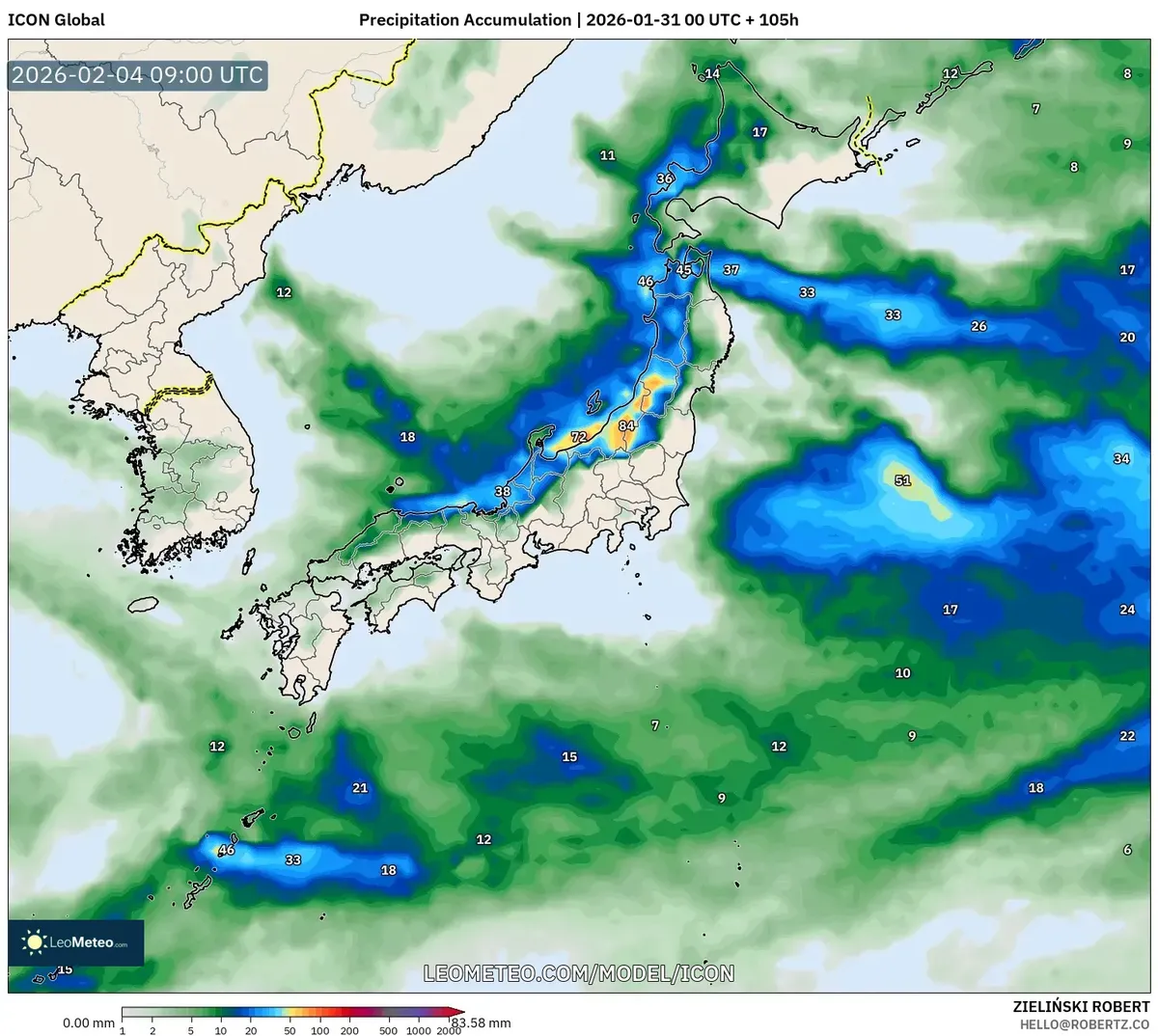 2月4日の降水量の蓄積