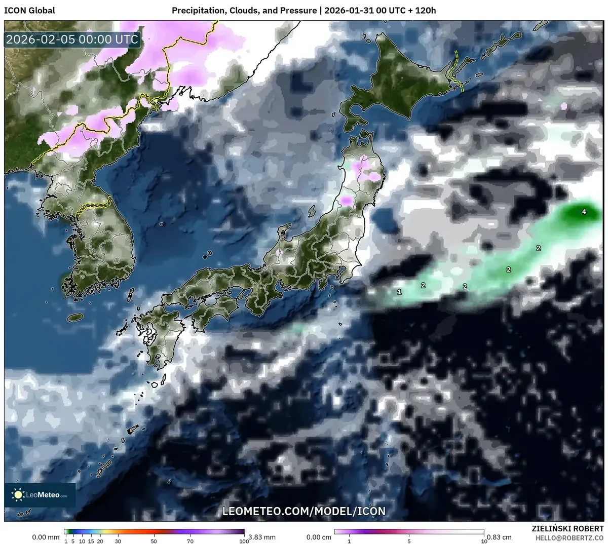 ２月５日の雲と降水の予報
