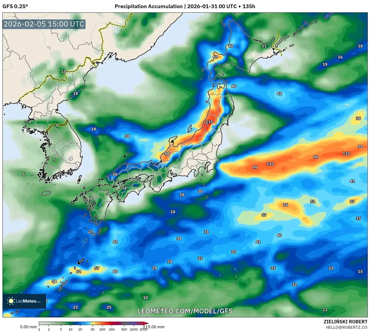 2月6日の降水量の蓄積