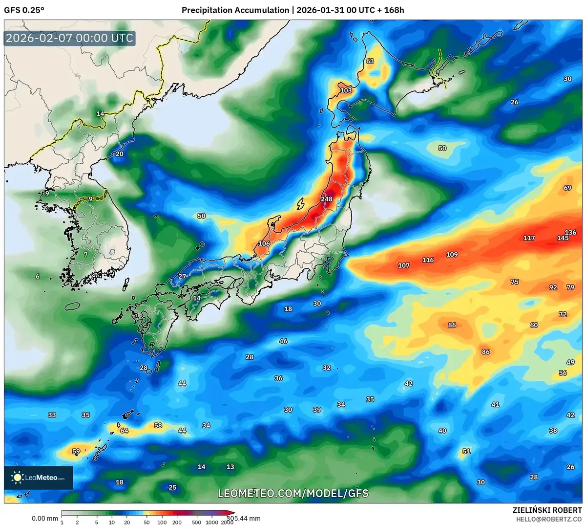 ２月７日の降水量の蓄積