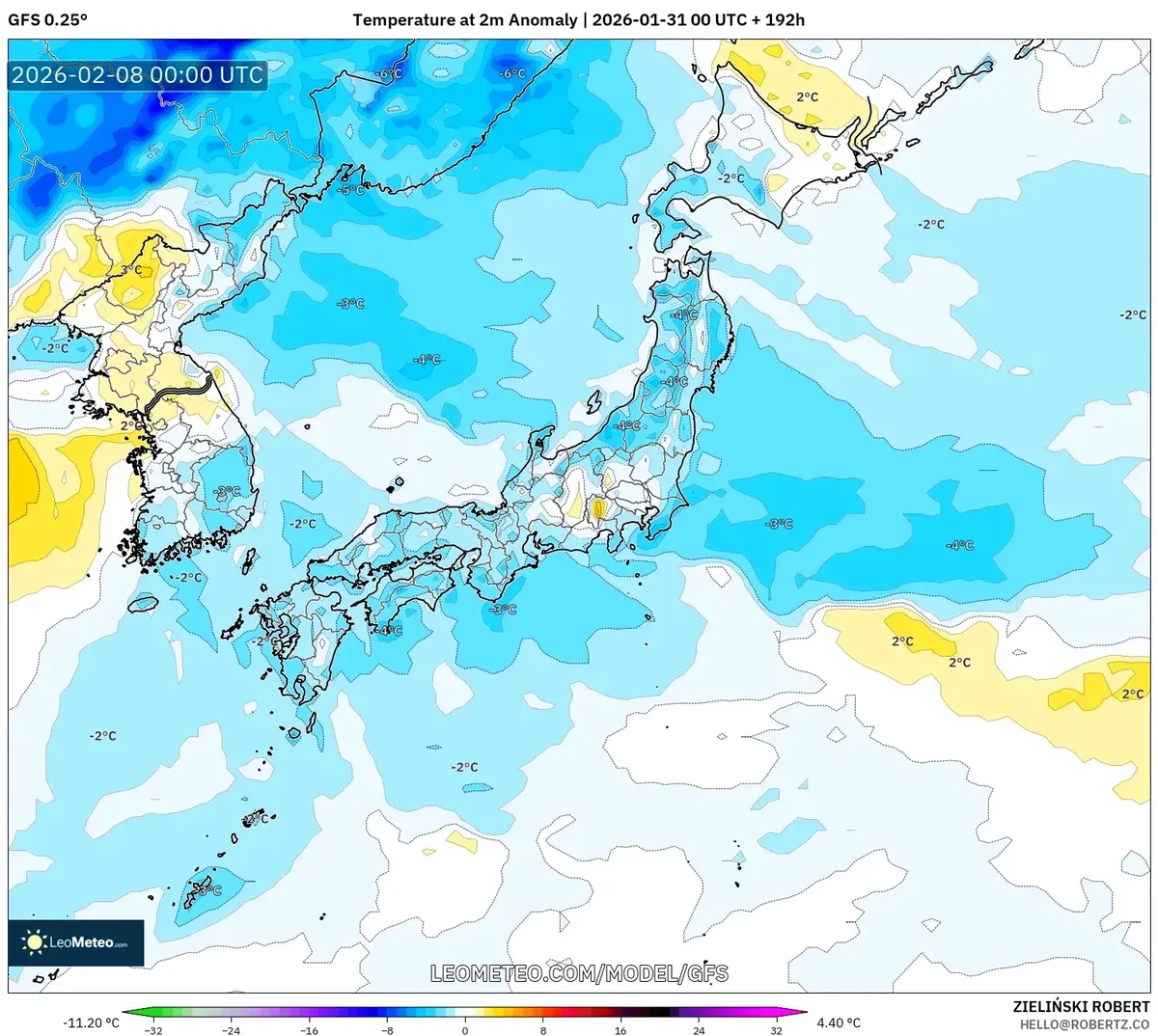 ２月８日の気温偏差