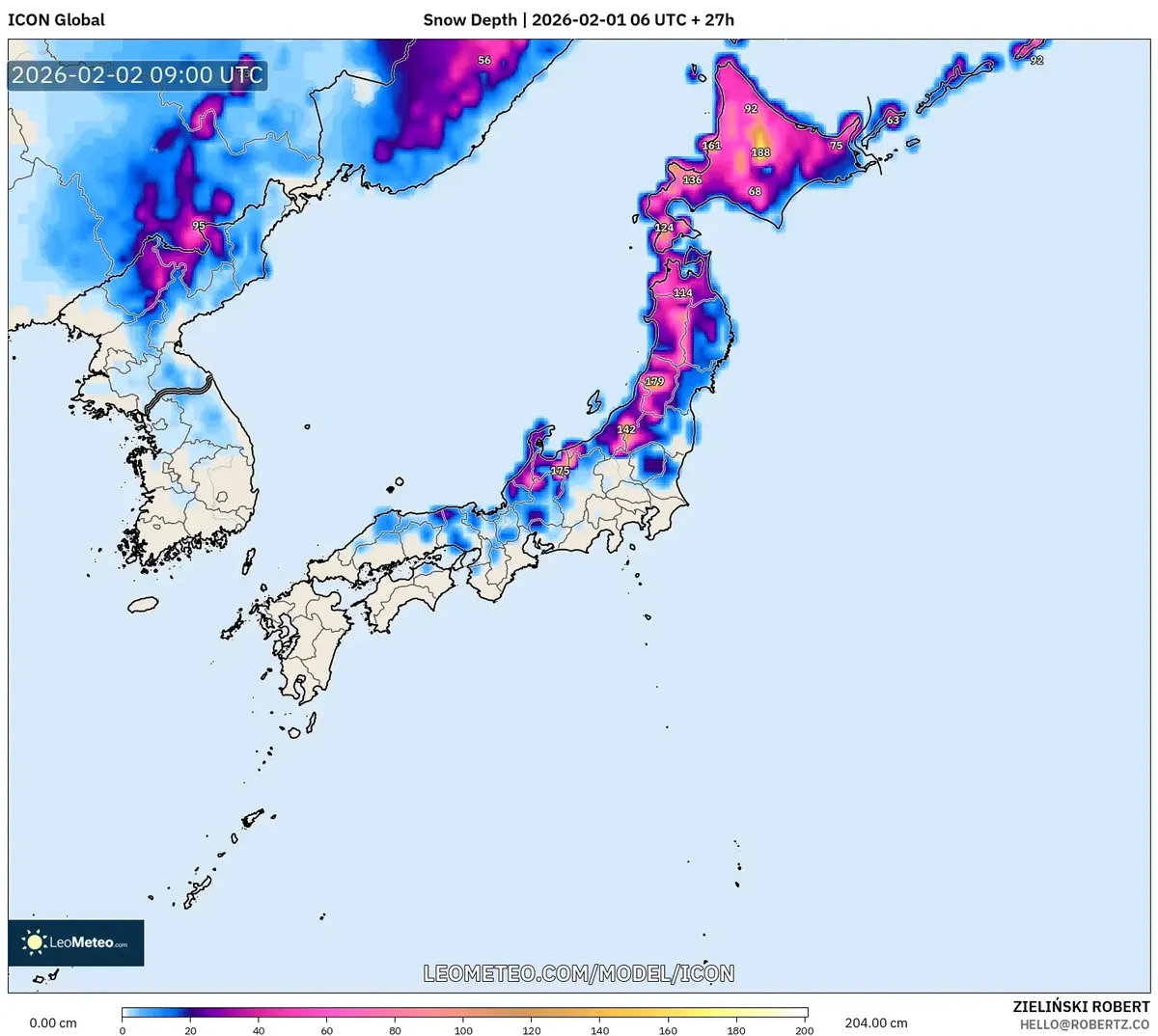 2026年2月2日の北日本の積雪深