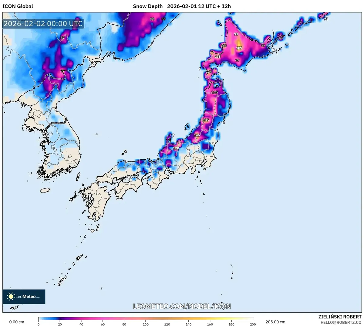 2026年2月2日 北海道の積雪深（ICON）