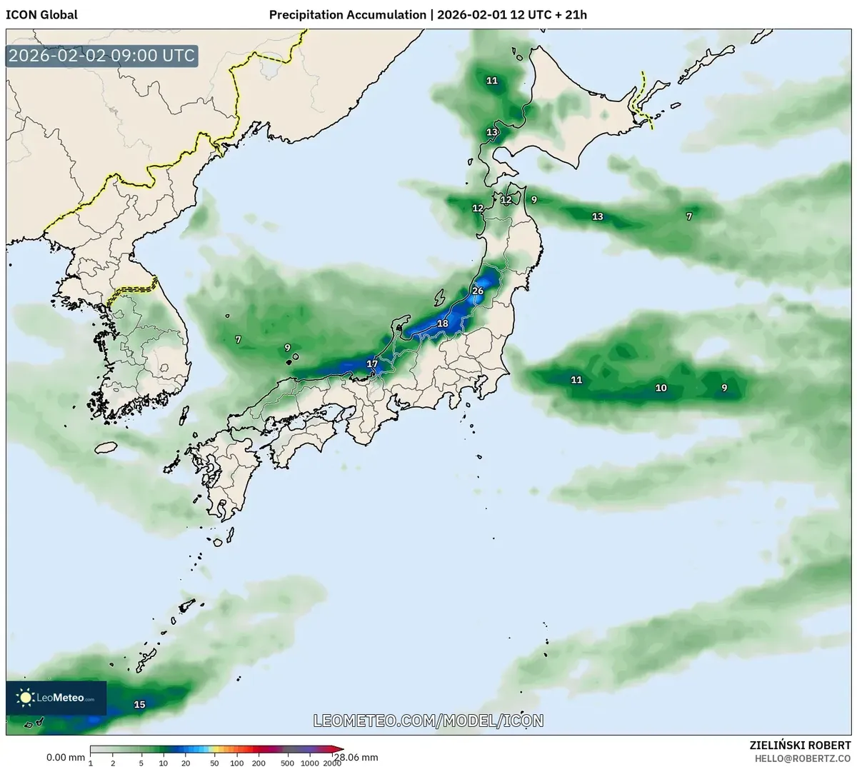 2026年2月2日 九州の降水量分布（ICON）