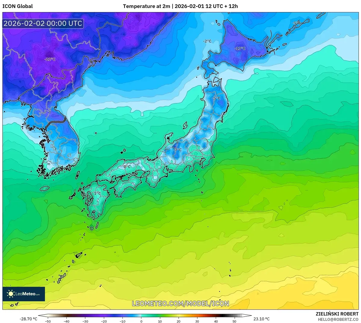 2026年2月2日 朝の日本各地の気温（ICON）