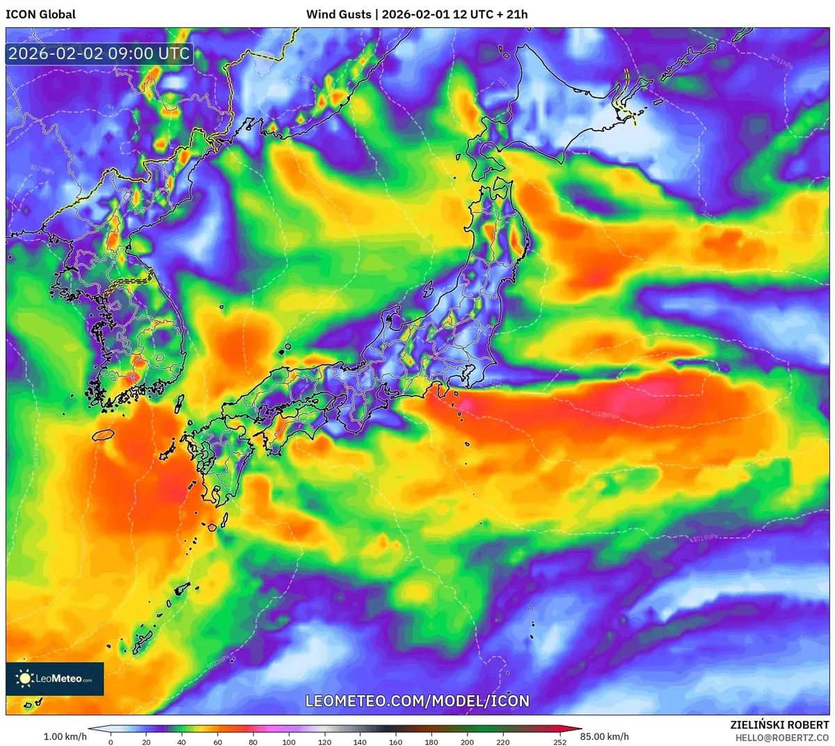 2026年2月2日 夜の日本付近の最大瞬間風速（ICON）