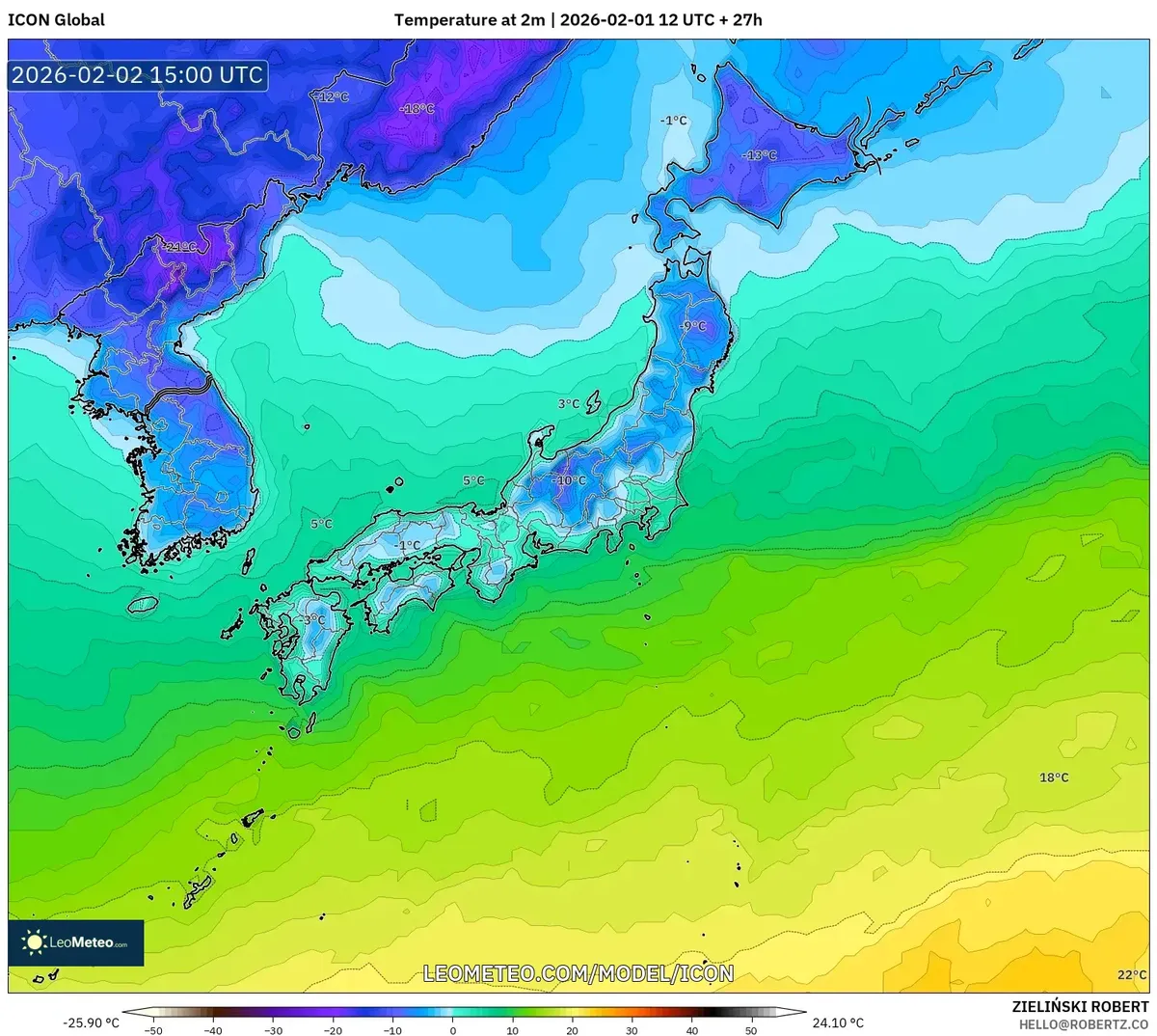2026年2月3日 日本各地の冷え込み（ICON）