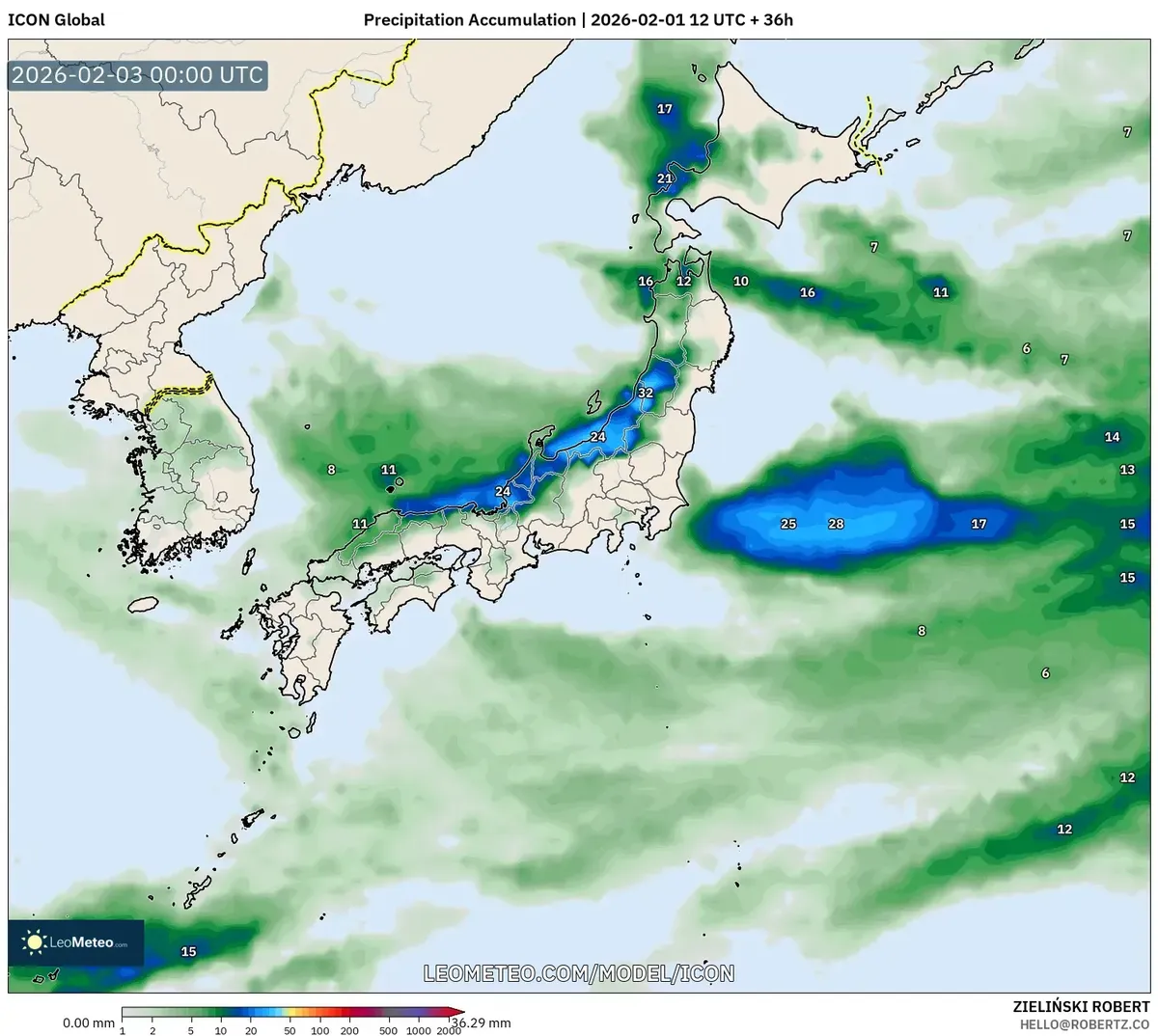2026年2月3日 朝の降水量分布（ICON）