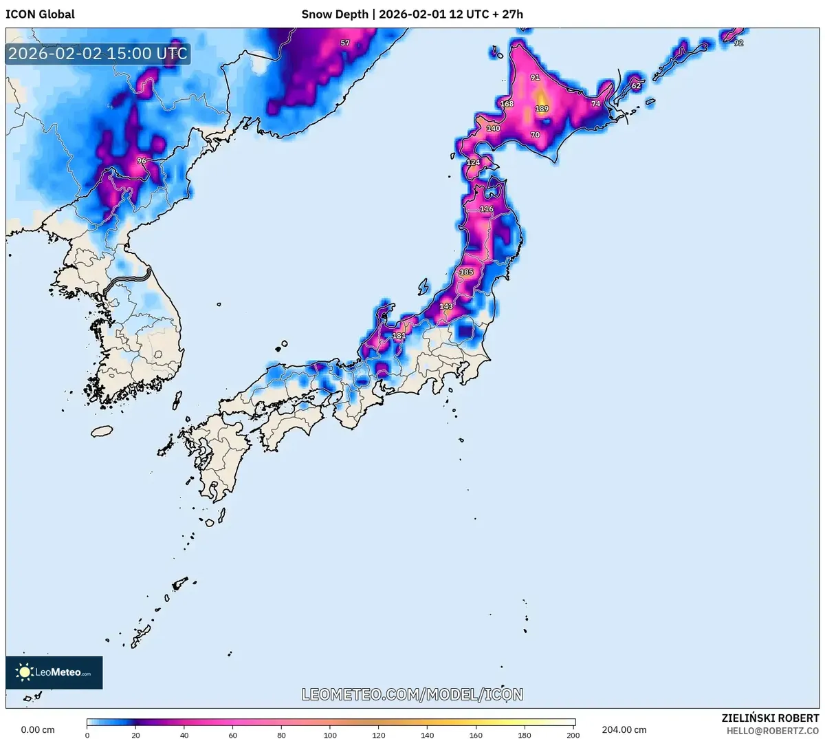 2026年2月3日 北日本の積雪深（ICON）