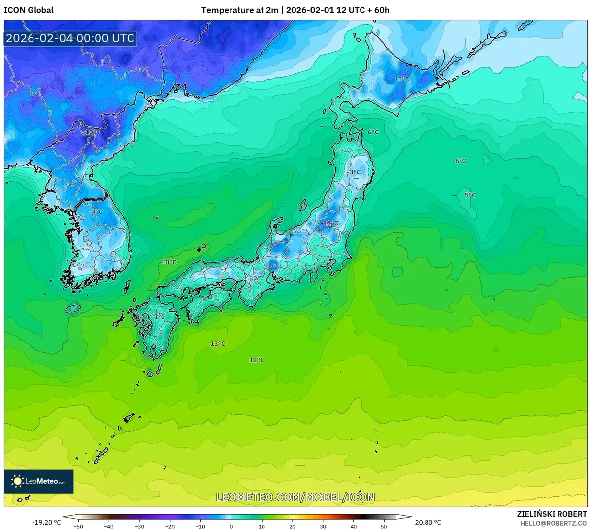 2026年2月4日 気温の見通し（ICON）
