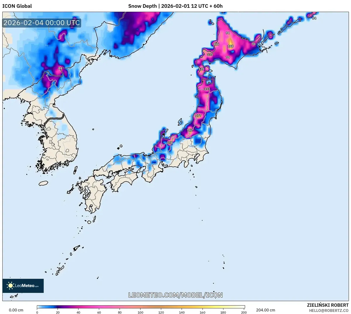 2026年2月4日 日本各地の積雪深（ICON）