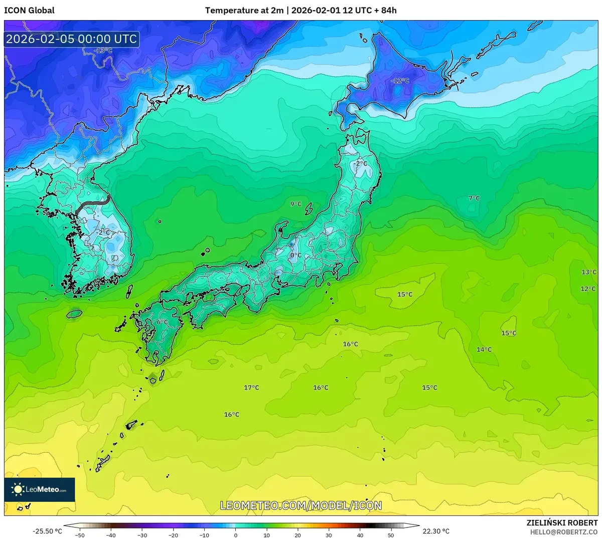 2026年2月5日 朝の日本各地の気温（ICON）