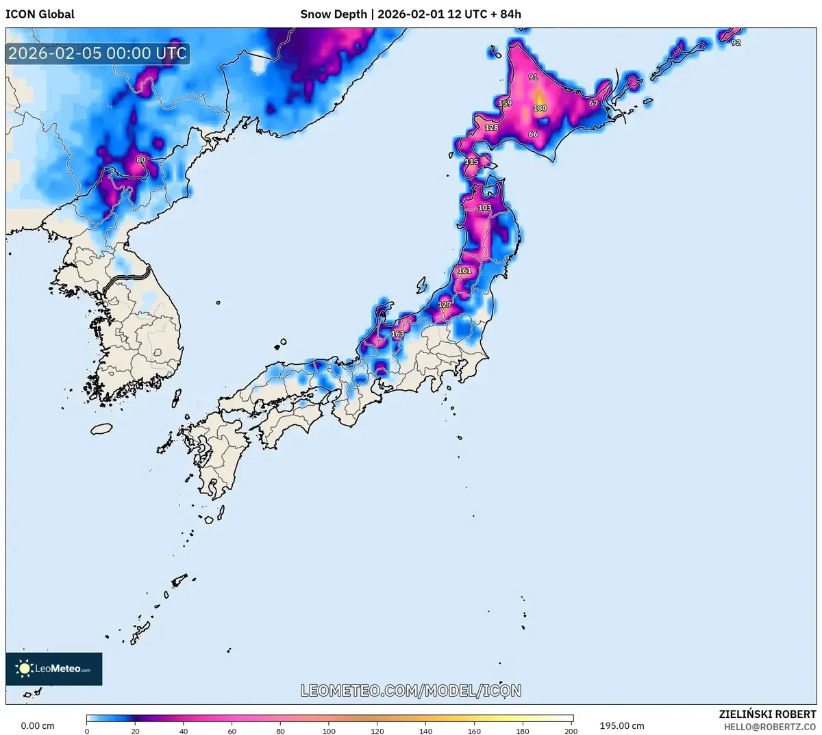 2026年2月5日 北日本の積雪深（ICON）