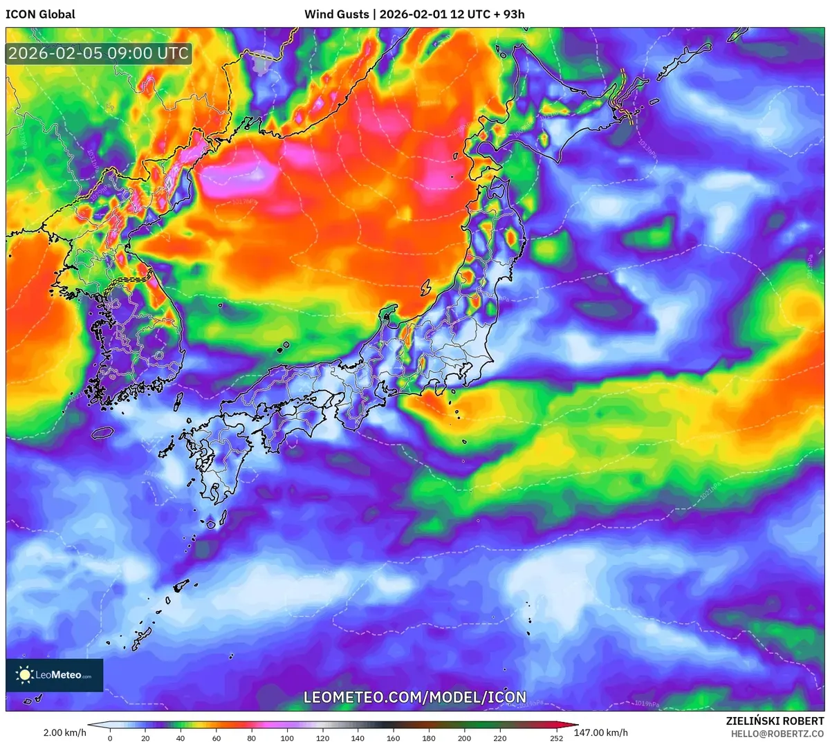 2026年2月5日 夜の日本付近の最大瞬間風速（ICON）