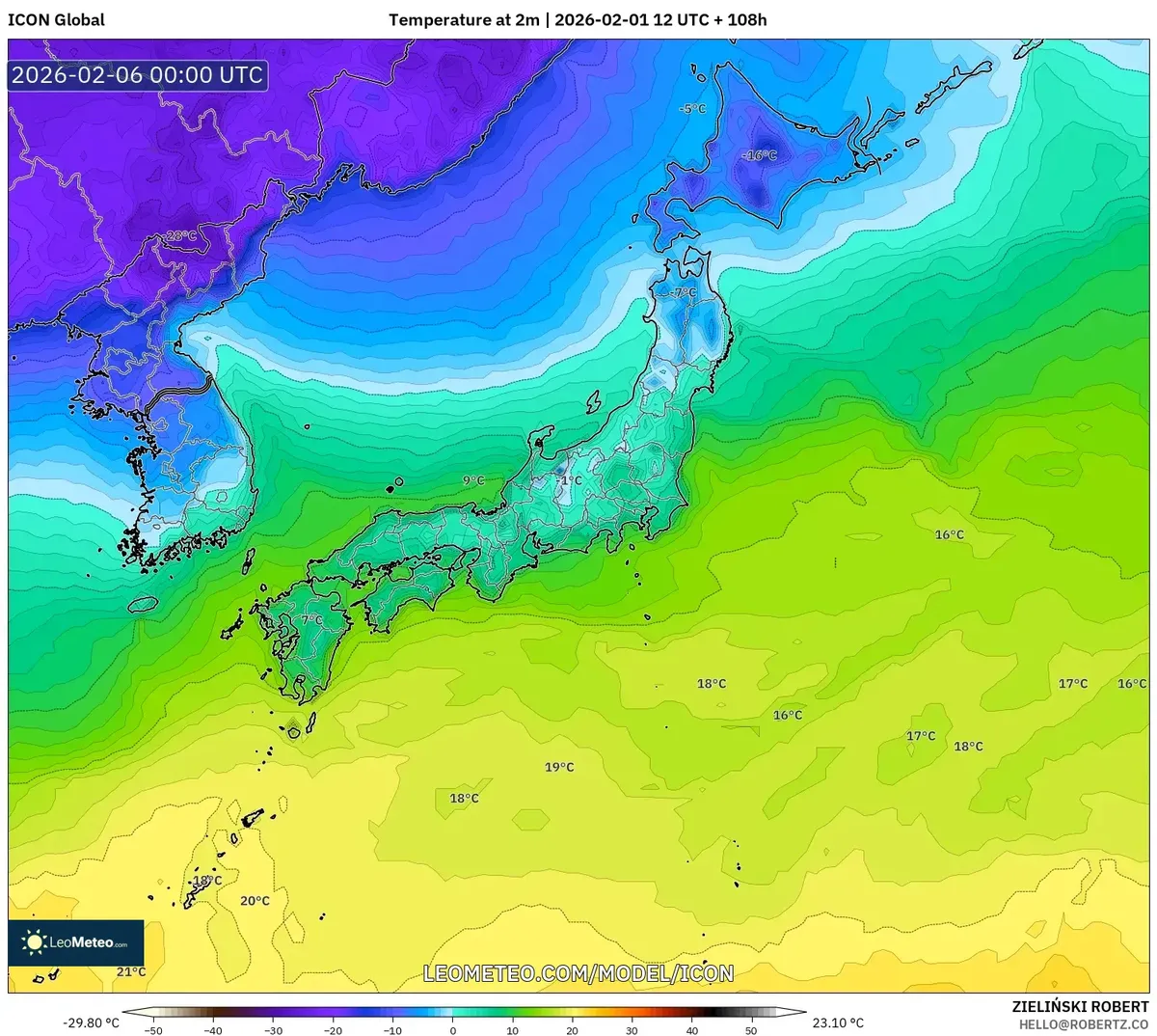 2026年2月6日 朝の日本各地の気温（ICON）