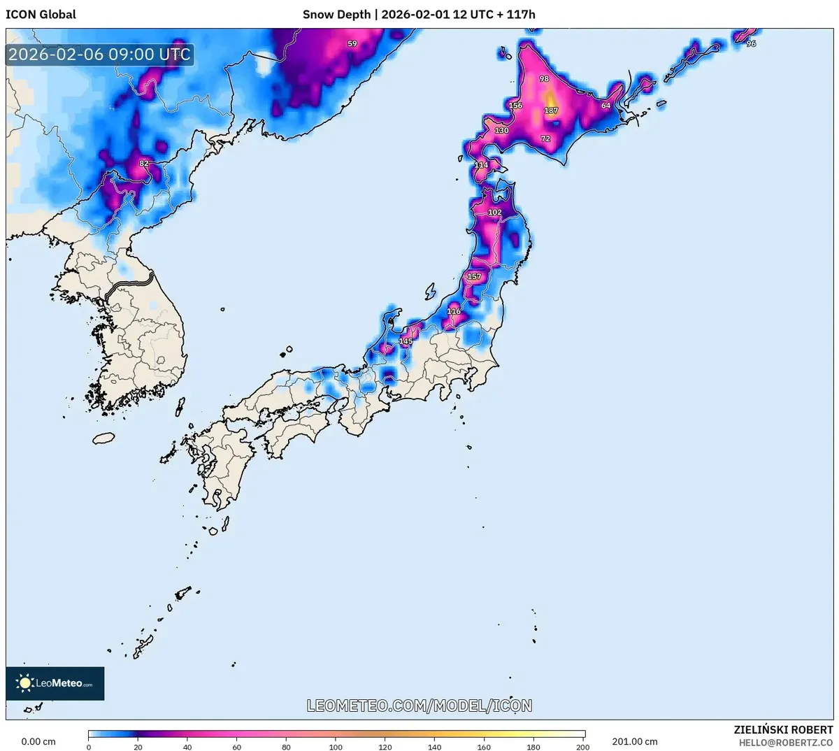 2026年2月6日 夜の北日本の積雪深（ICON）