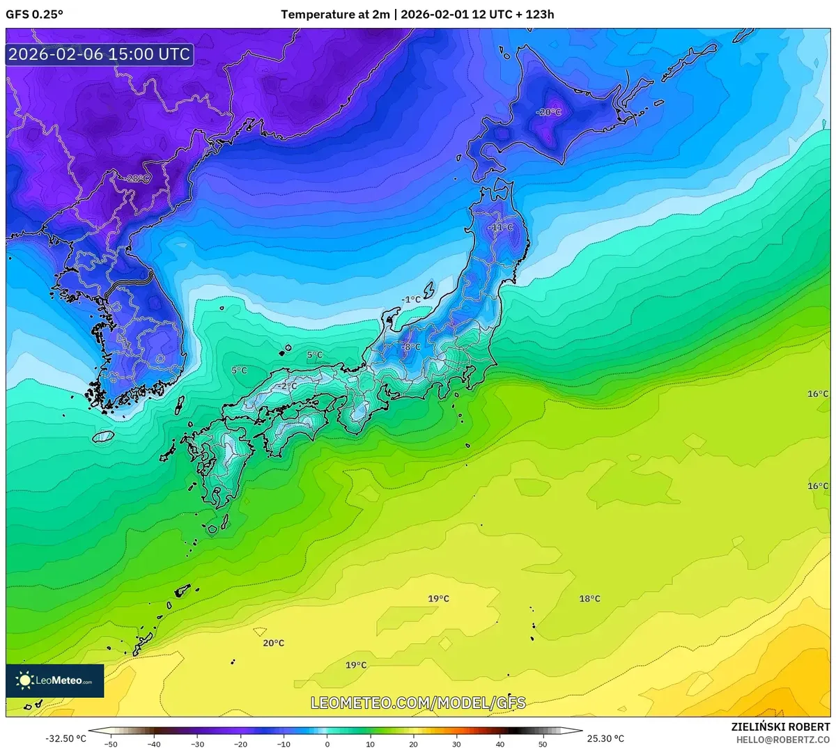 2026年2月7日 朝の日本各地の気温（GFS）