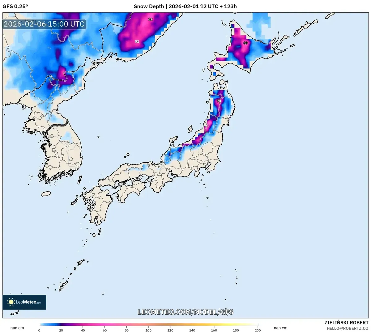 2026年2月7日 北日本の積雪深（GFS）