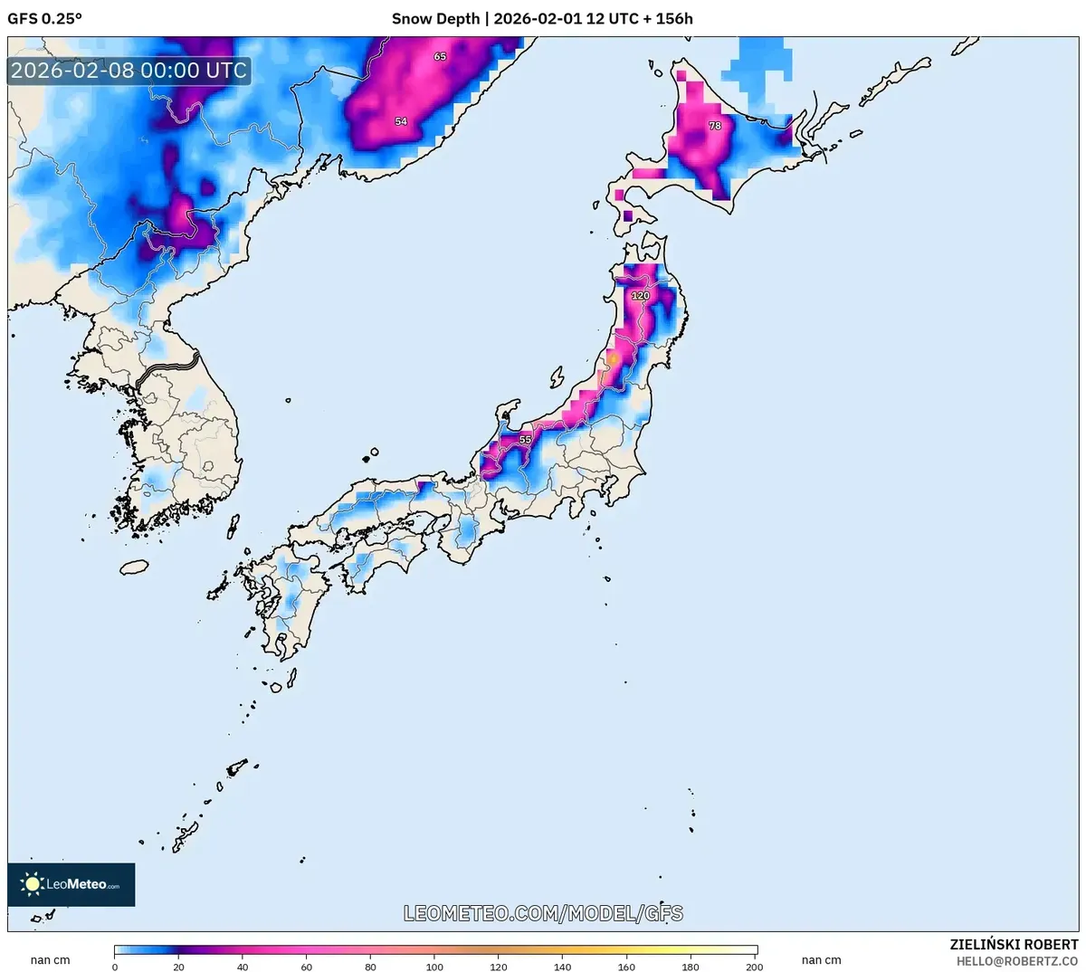2026年2月8日 北海道の多雪域（GFS）