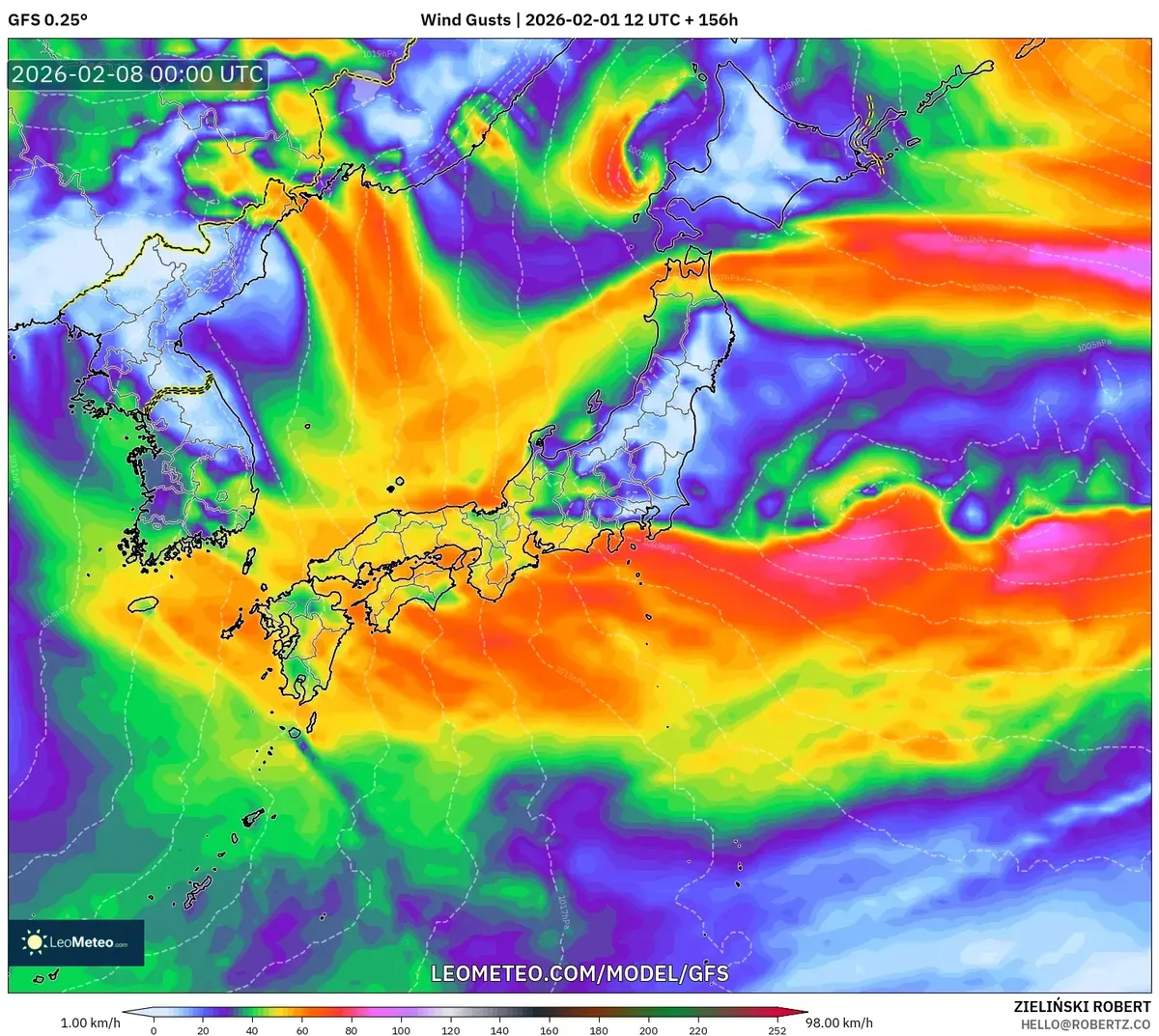 2026年2月8日 本州に影響する強い風（GFS）
