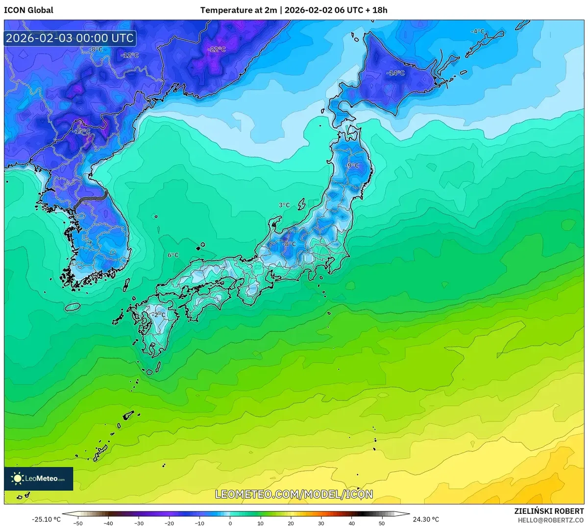2026年2月3日 朝の日本各地の気温分布