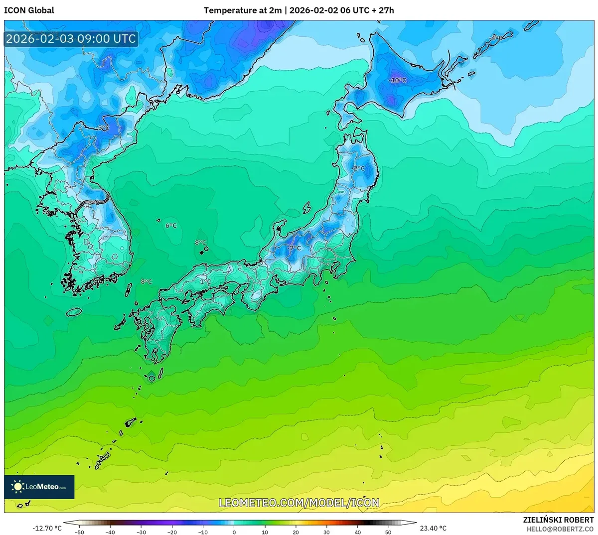 2026年2月3日 午後の日本各地の気温分布
