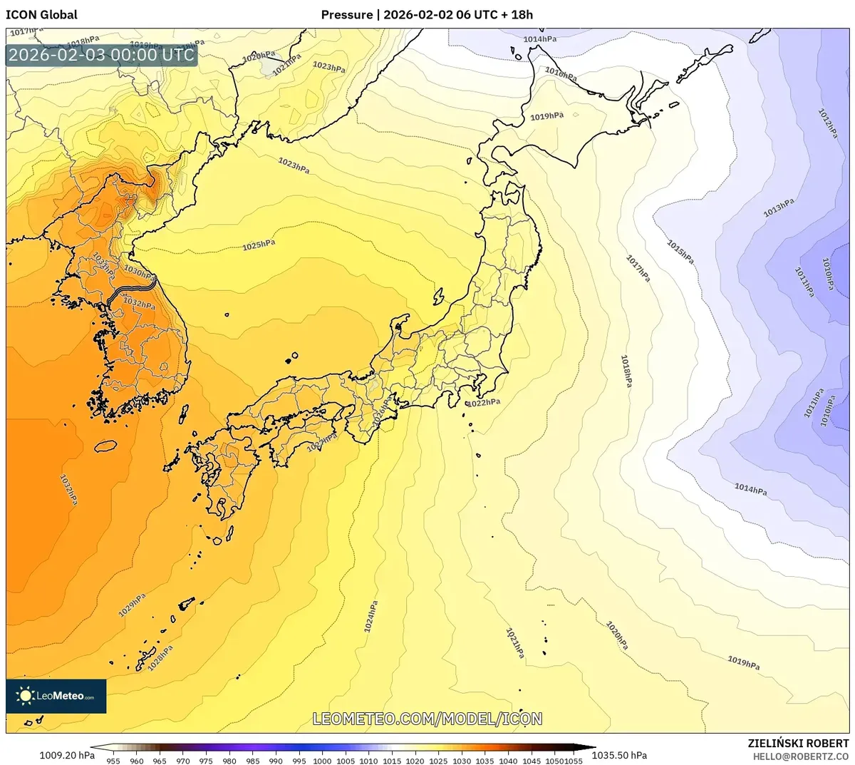 2026年2月3日 日本付近を覆う高気圧の分布