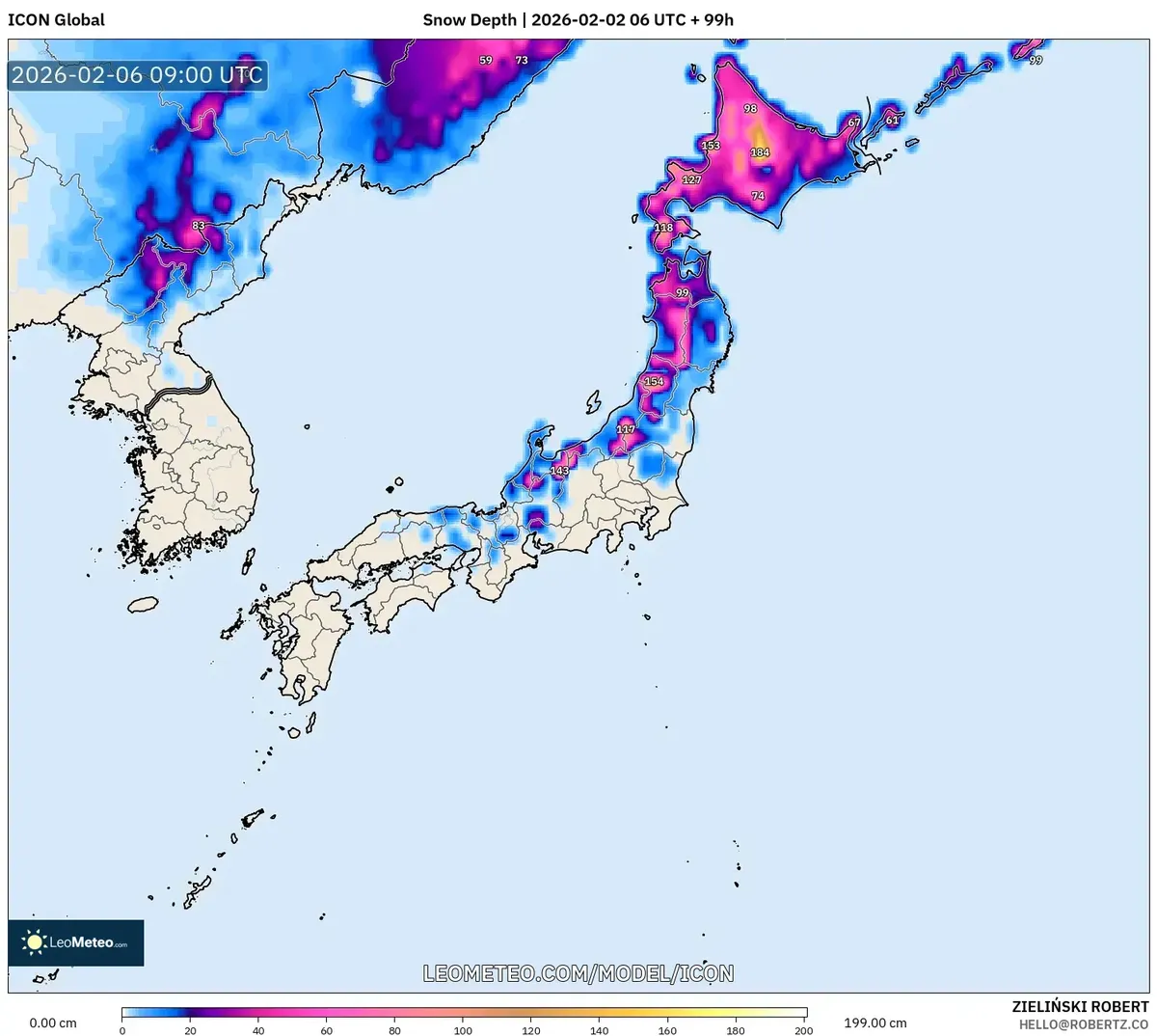 北海道の積雪深 2026年2月6日 – 2026-02-06 18:00 JST（ICON）