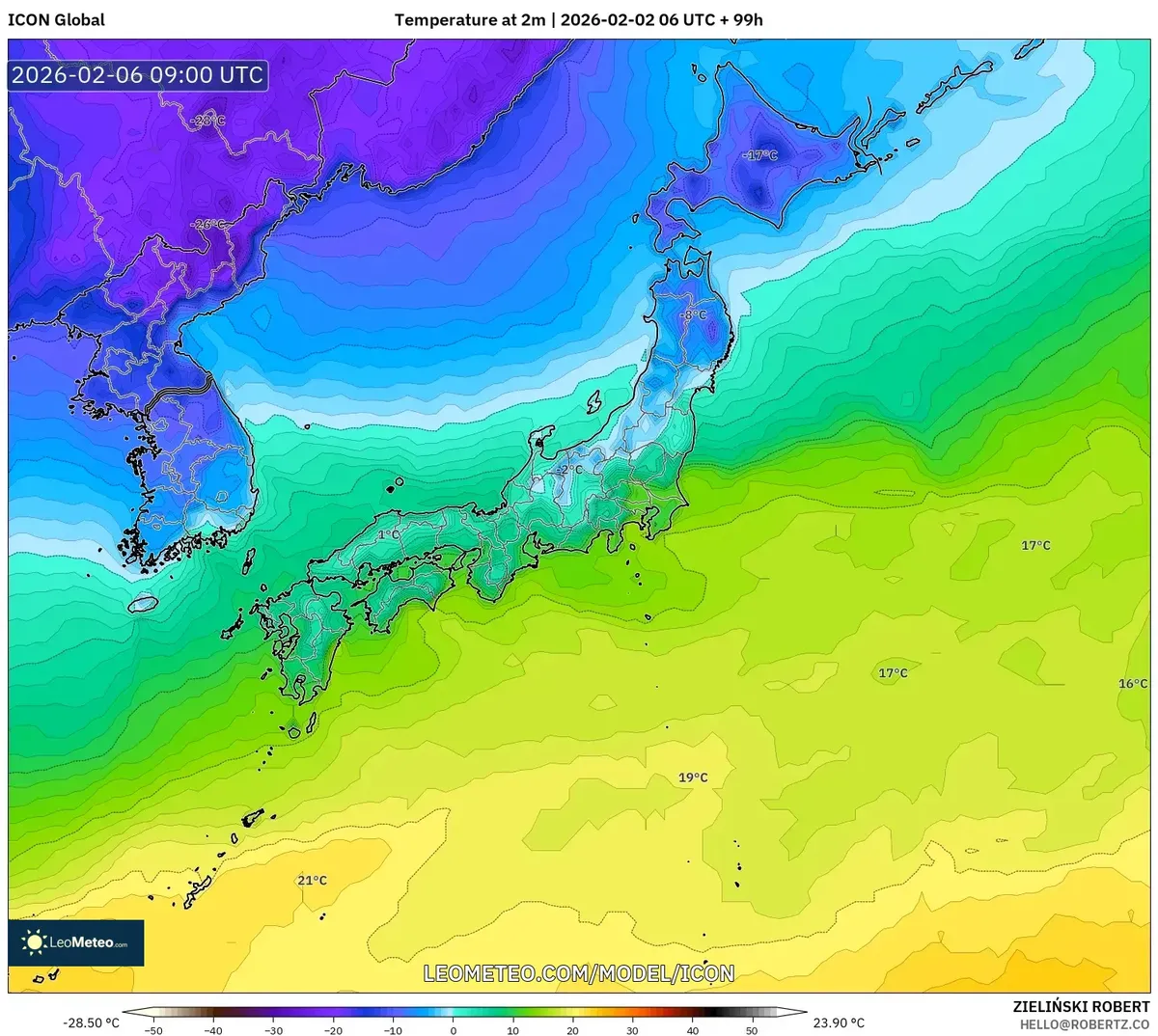 日本の気温分布 2026年2月6日 – 2026-02-06 18:00 JST（ICON）