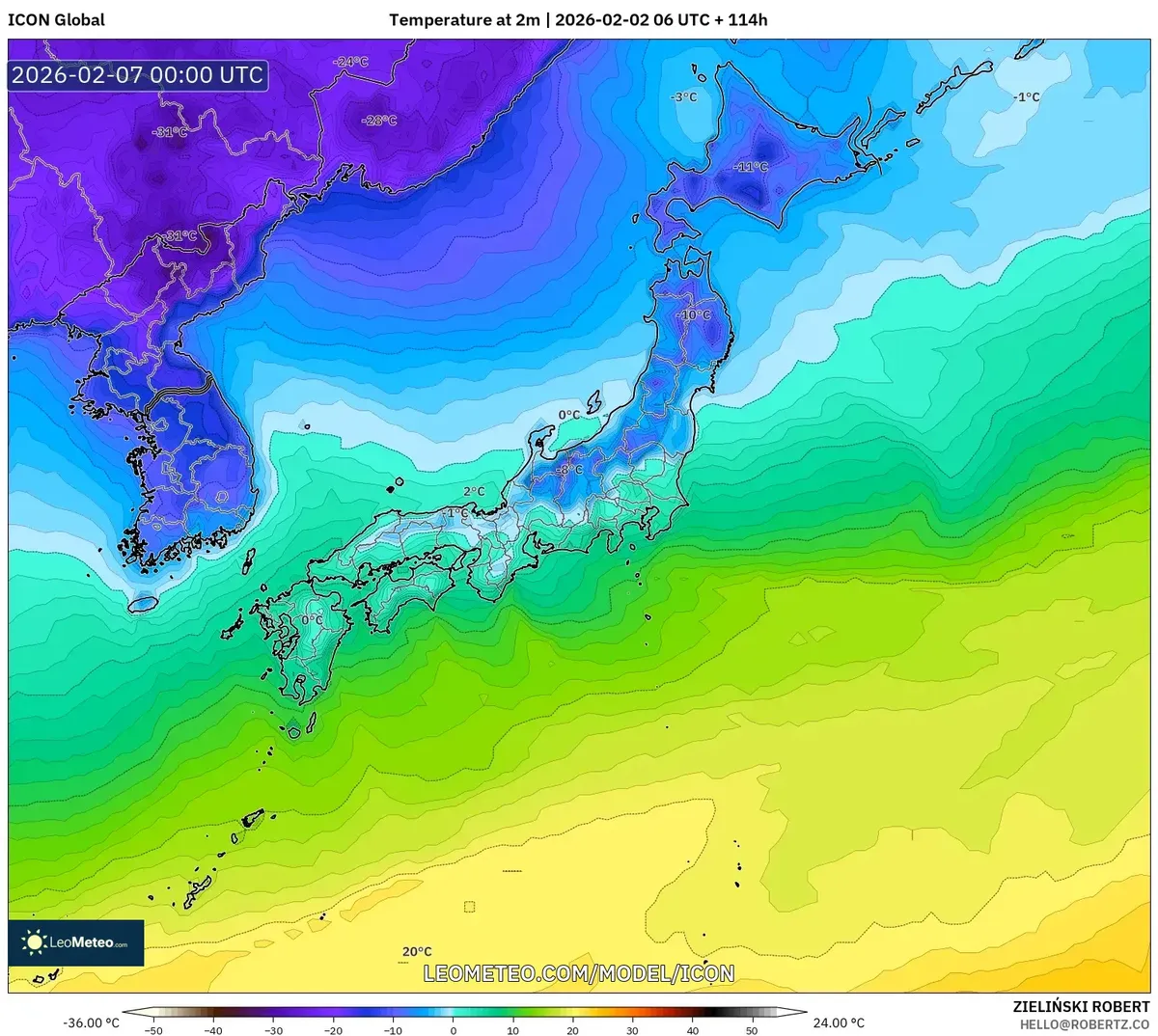 日本中部のひんやりした朝 2026-02-07 – 2026-02-07 09:00 JST（ICON）
