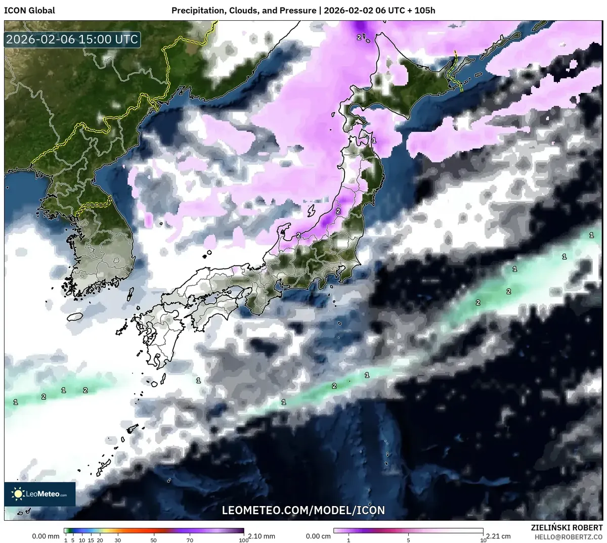 2026年2月7日の雨帯と気圧配置（ICON）