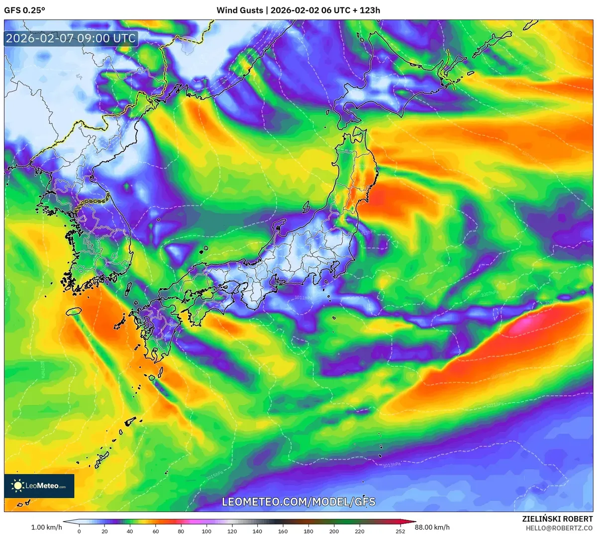 日本の夕方の中程度の風 2026-02-07 – 2026-02-07 18:00 JST(GFS)