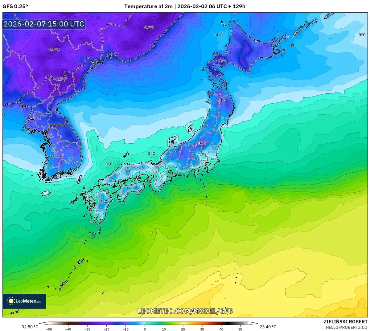 日本の冷え込んだ早朝 2026年2月8日 – 2026-02-08 00:00 JST(GFS)