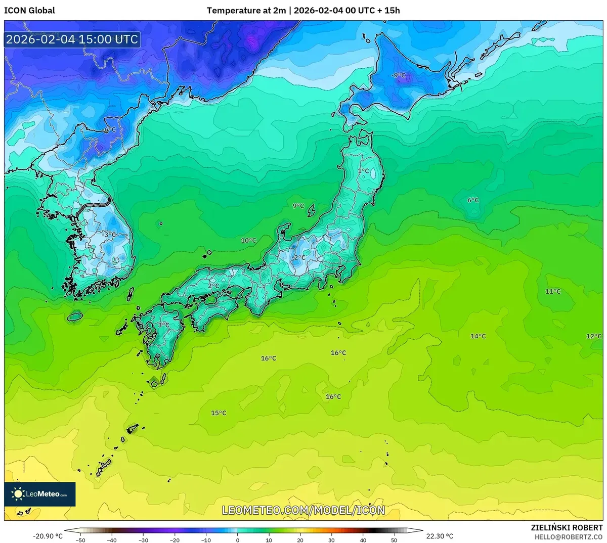 2026年2月5日 朝の北海道の冷え込み分布（ICON）
