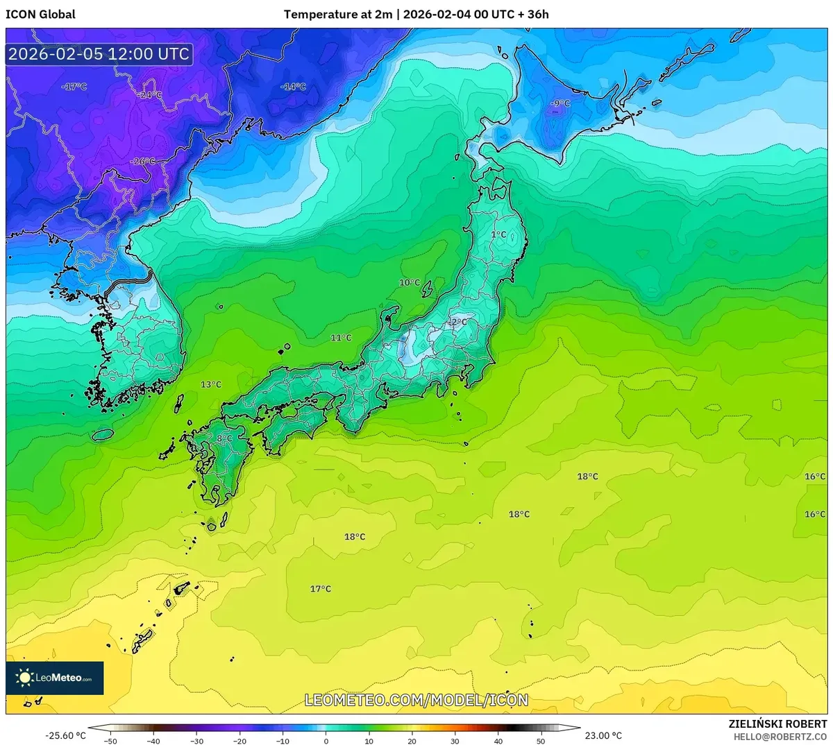 2026年2月5日 夕方以降の日本各地の気温低下（ICON）