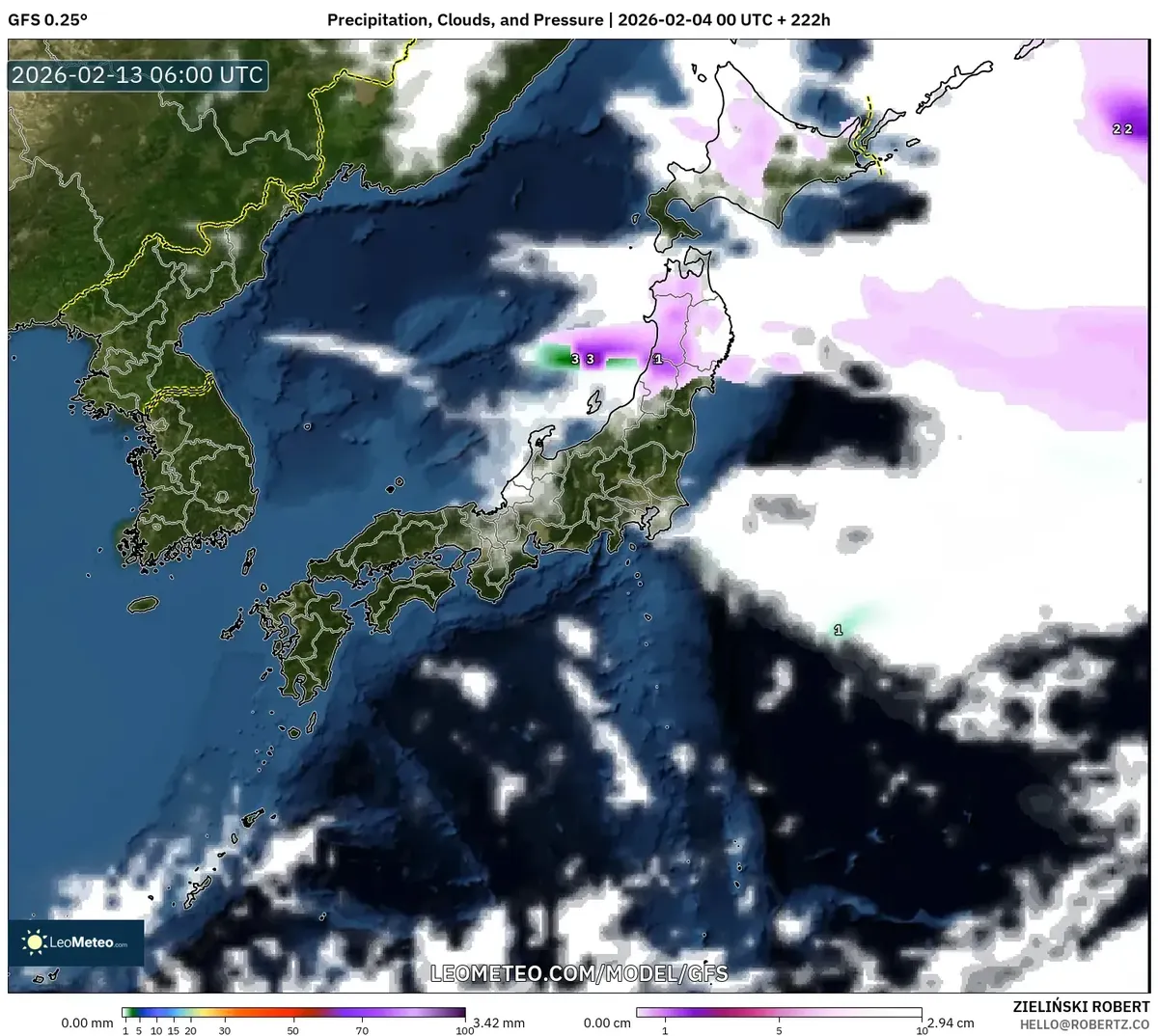 2026年2月13日 降水と気圧の分布