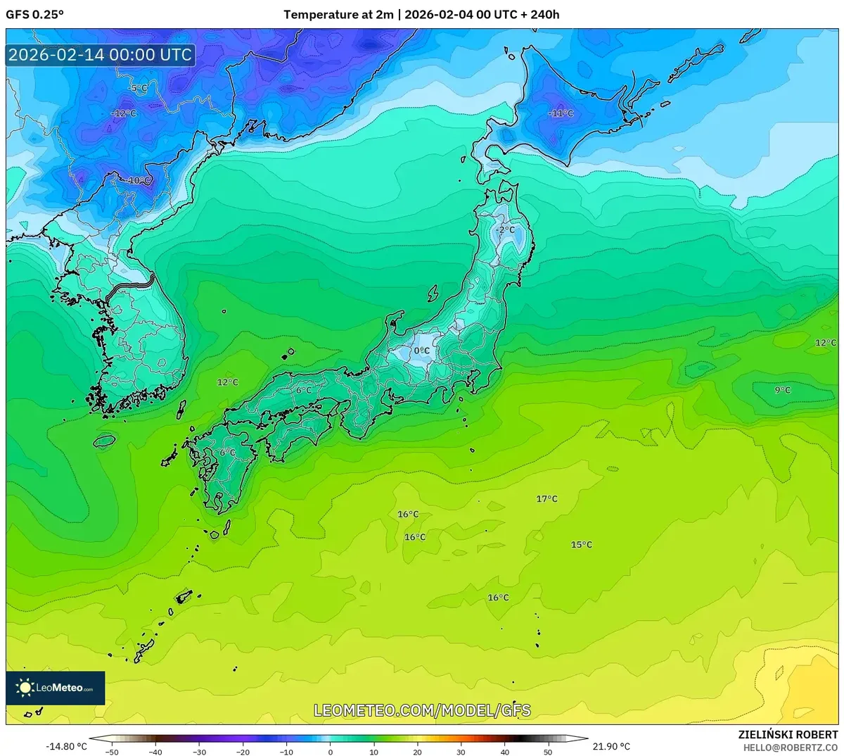 2026年2月14日 朝の気温分布