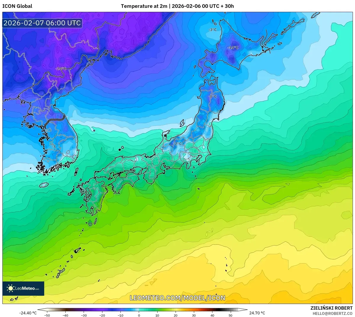 2026年2月7日午後の日本各地の予想気温分布（ICON）