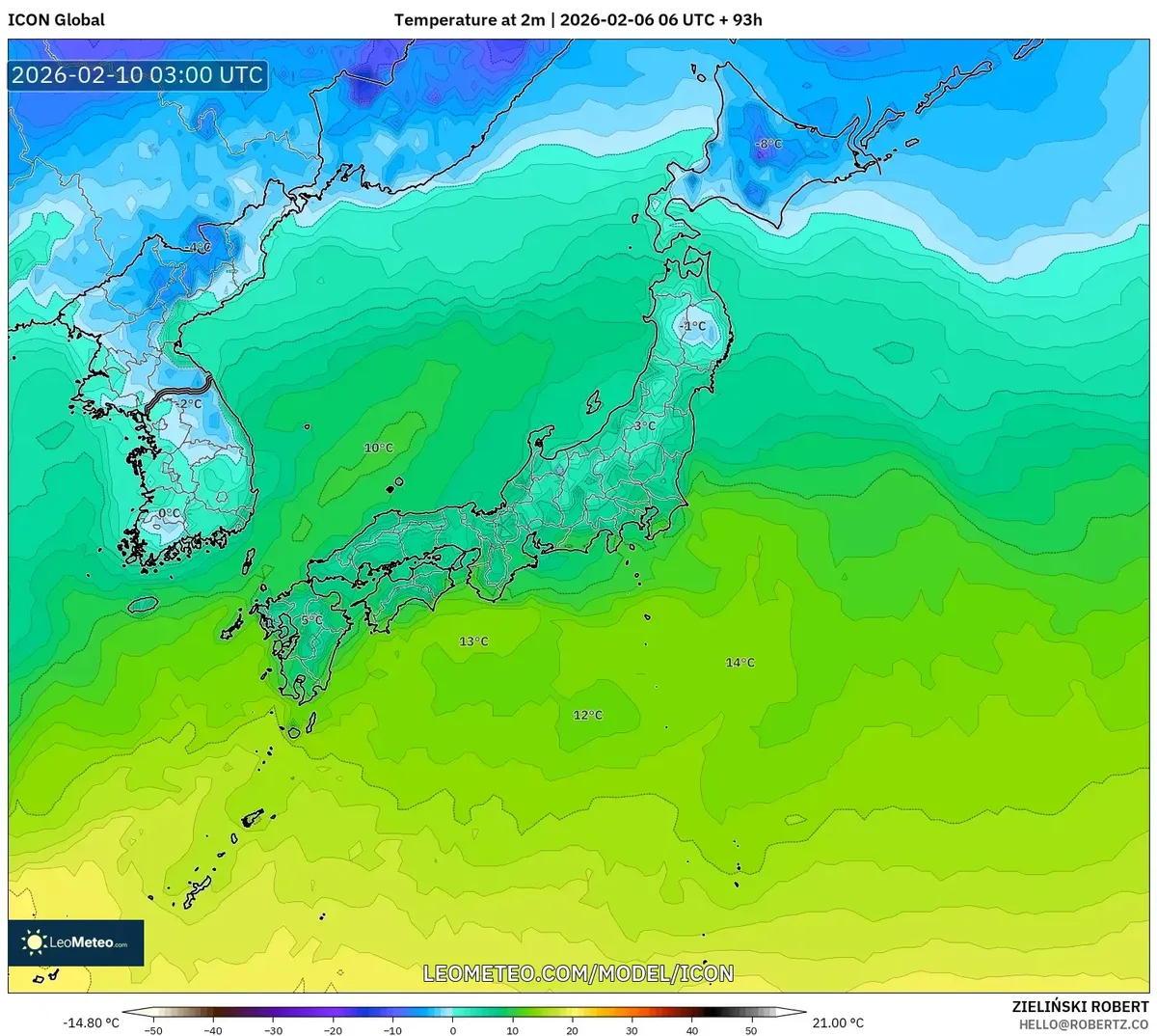 2026年2月10日 東京は日中11℃前後の穏やかな陽気（ICON）