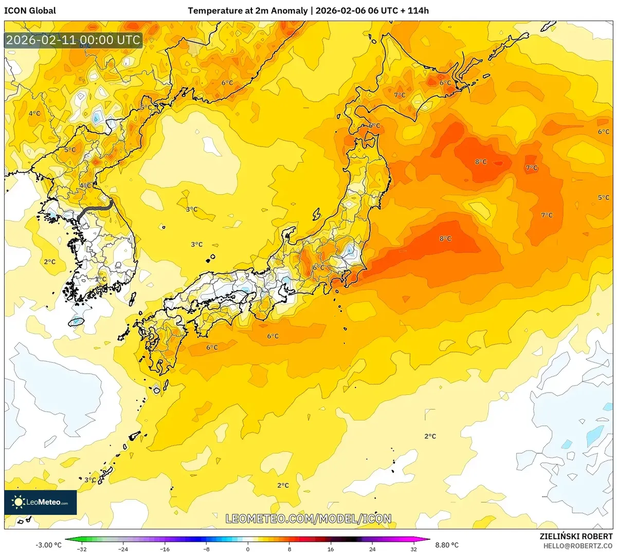 2026年2月11日 日本各地の気温平年差（ICON）