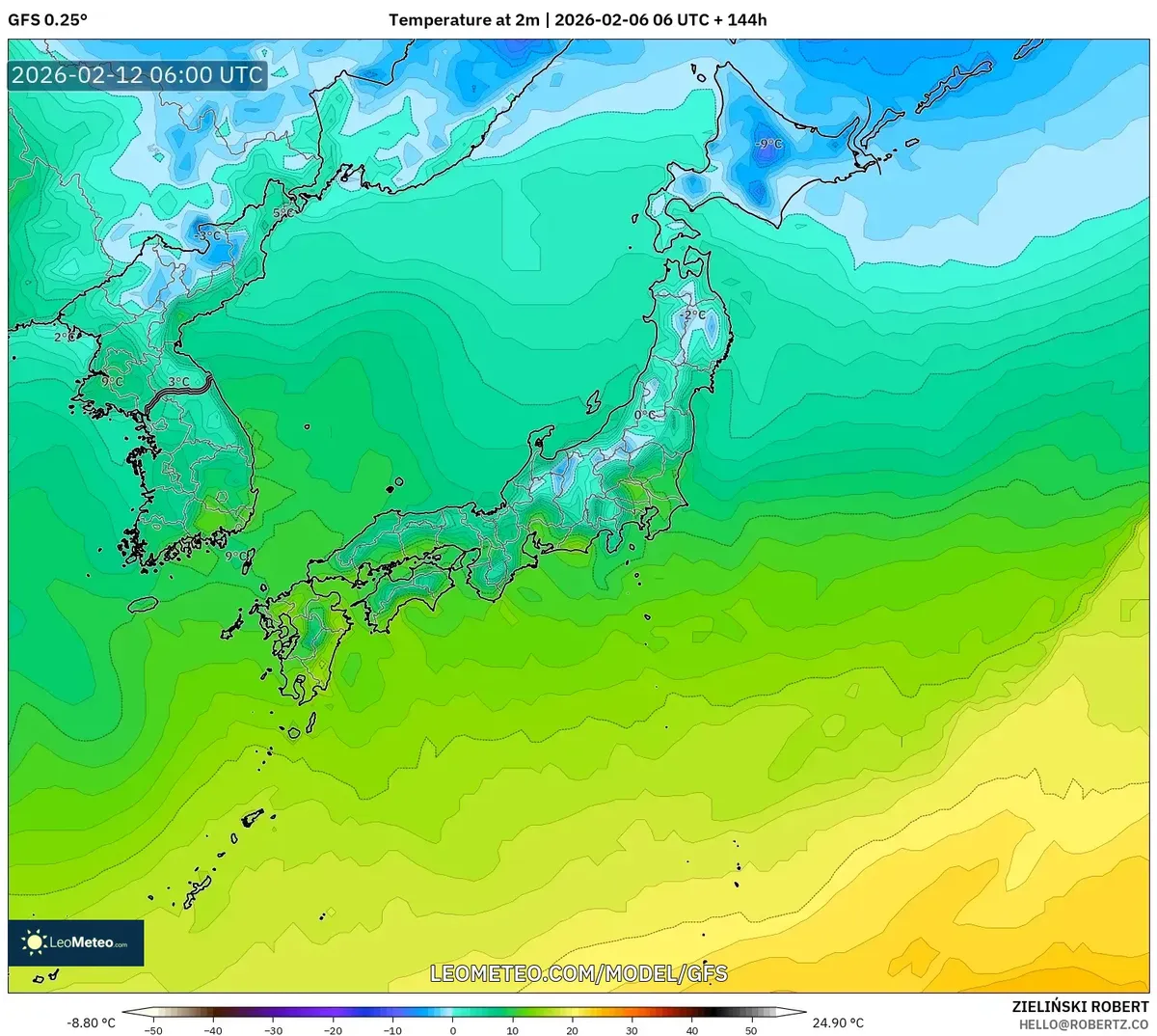 2026年2月12日 南日本を中心に日中の暖かさがピーク（GFS）
