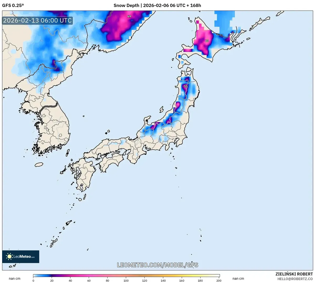 2026年2月13日 北海道ではまとまった降雪に（GFS）