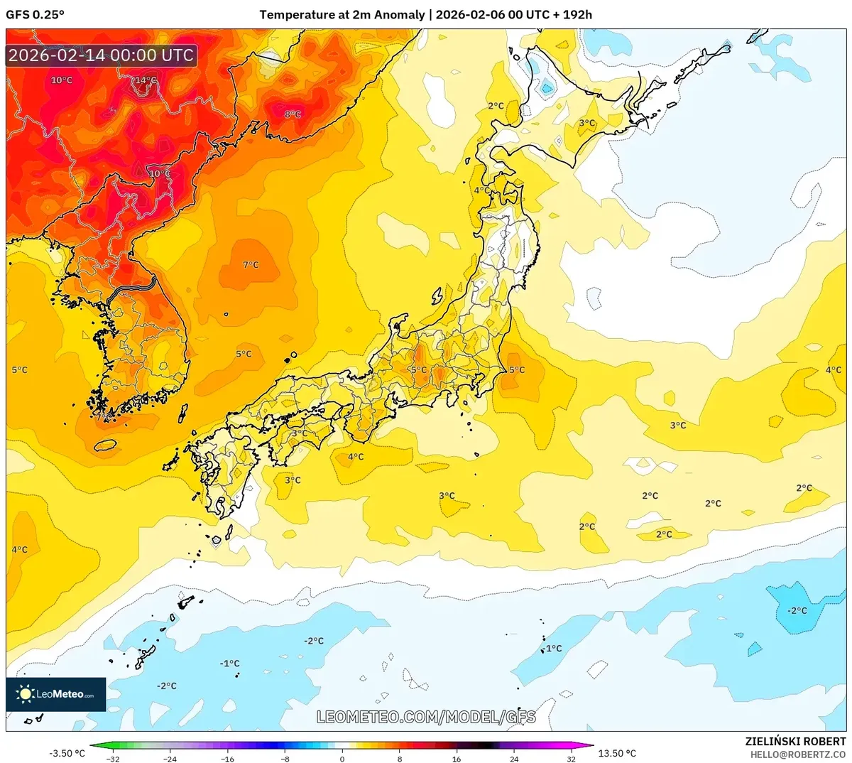 2026年2月14日 日本各地の気温平年差（GFS）