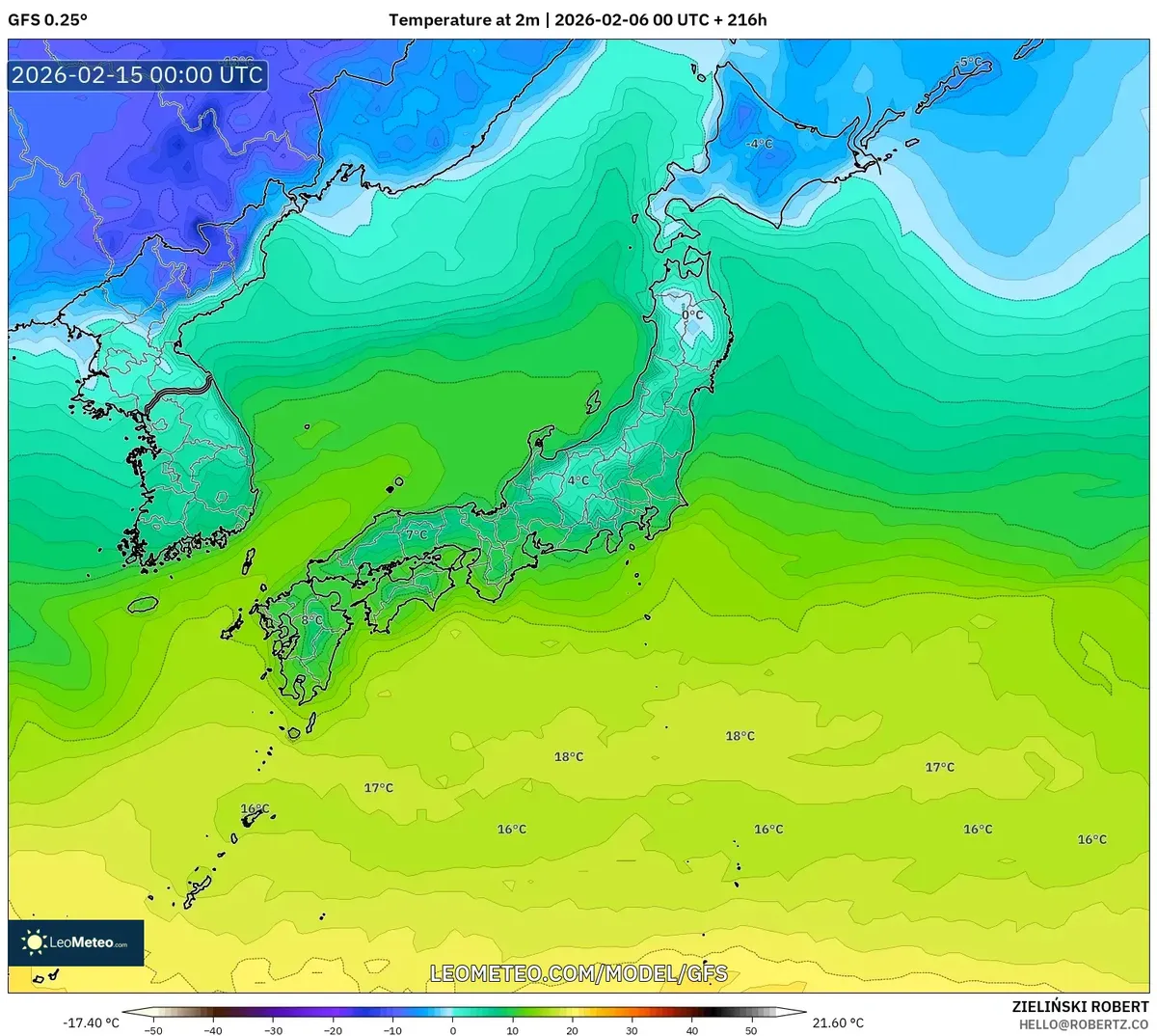 2026年2月15日 本州中部の日中最高気温分布（GFS）