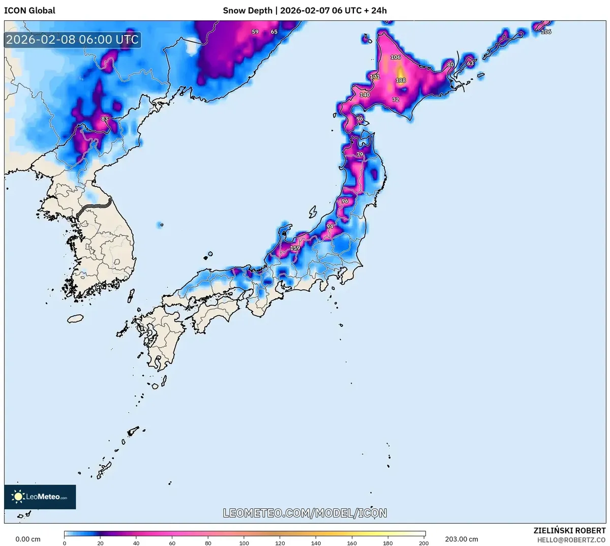 2026年2月8日の北海道で予想される積雪の増加（ICON）