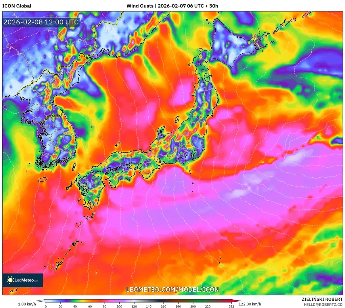 2026年2月8日夜にかけて日本各地で予想される強風（ICON）