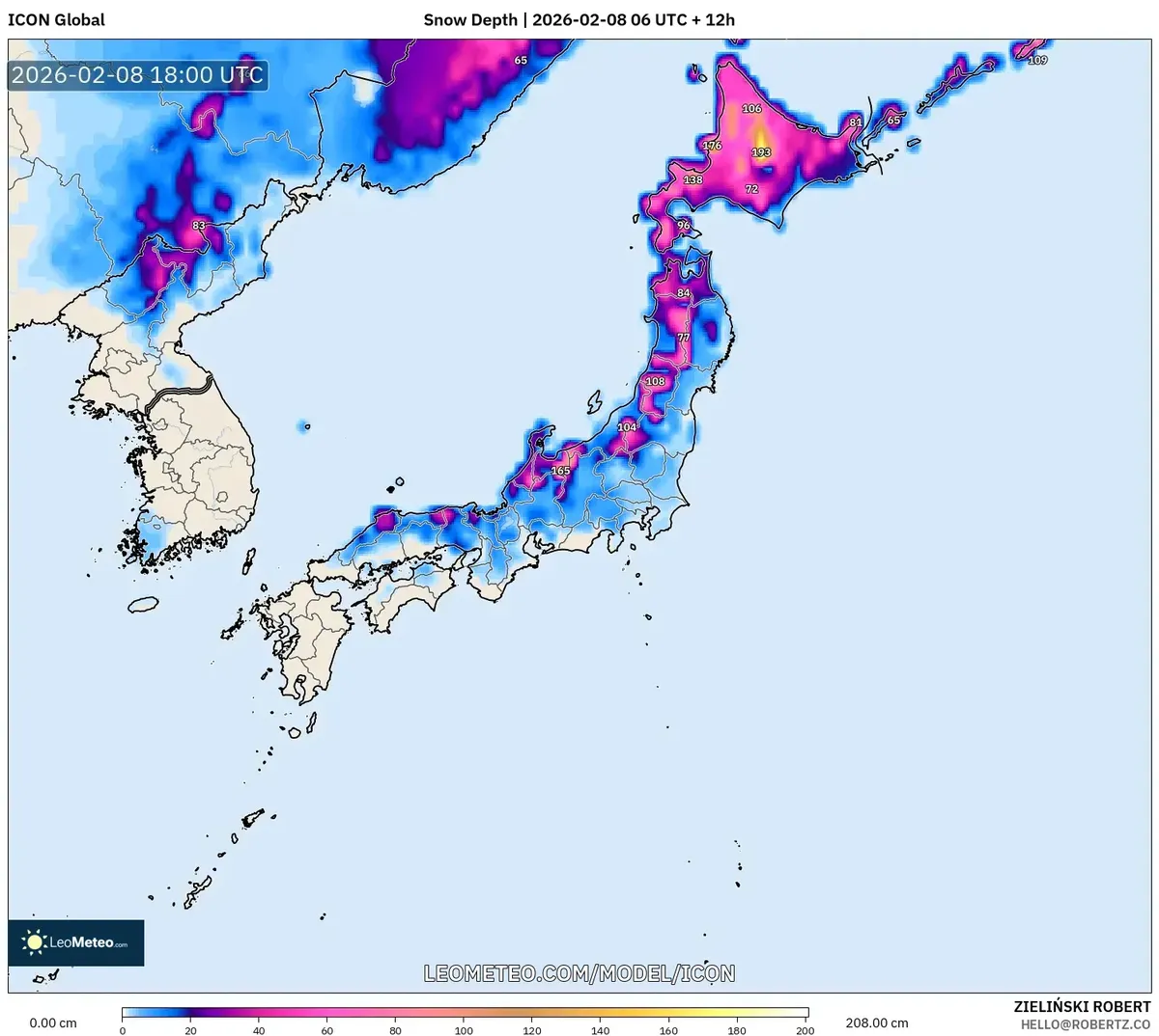 2026年2月9日の北海道の顕著な積雪深（ICON）