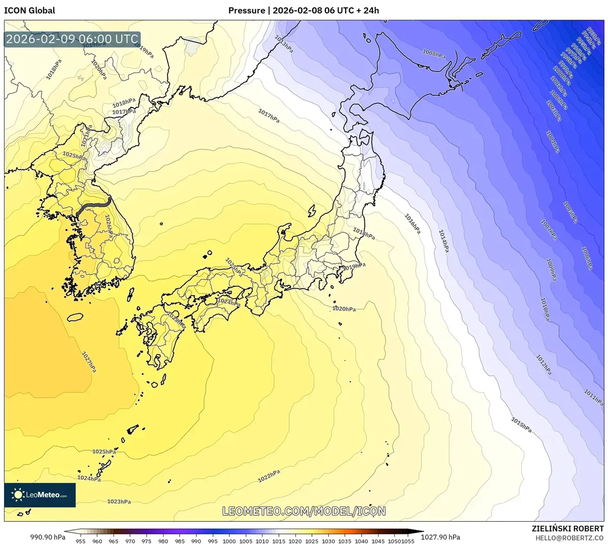 2026年2月9日の日本付近を覆う高気圧（ICON）